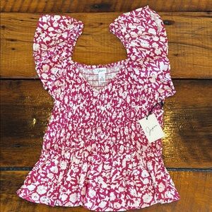 Japna Pink Flutter Sleeve Smocked Blouse Medium